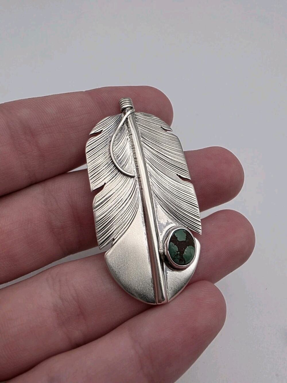 Lena Platero Native American Sterling Silver 925 Feather & Turquoise Pin Brooch